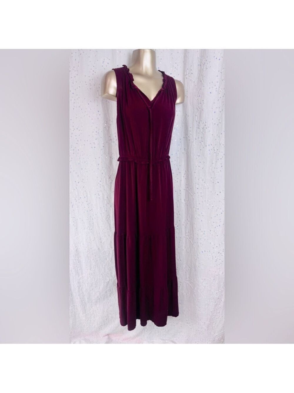 Kirundo Sleeveless Tiered Maxi Dress – Deep Wine Red, Size Large